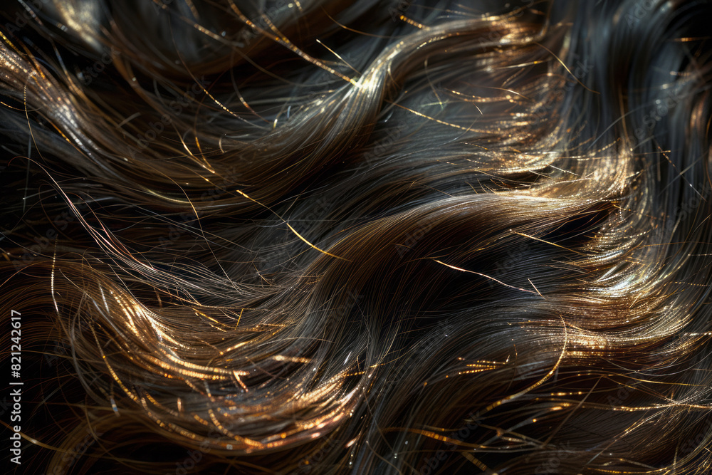 Poster strands of hair resembling the rings of saturn, with intricate patterns and shimmering textures crea