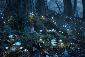 A detailed, photorealistic, highresolution image of glowing Omphalotus olearius fungi at the base of a tree, their eerie green light contrasting with the dark forest floor