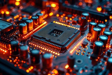 Obraz premium Detailed close-up of a CPU chip on an illuminated red motherboard with electronic components