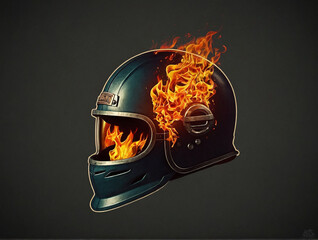 old school helmets burning with fire