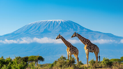 Three Giraffes Walking in Front of Mount Kilimanjaro in Tanzania