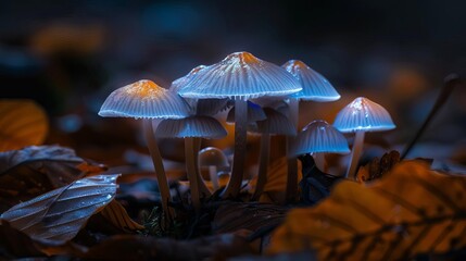 Fototapeta premium A closeup, photorealistic, highresolution photograph of a single glowing ghost mushroom, its soft green bioluminescence standing out against the dark, moist forest floor