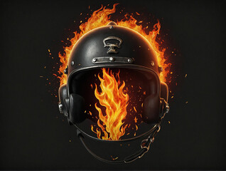 old school helmets burning with fire