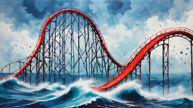 A roller coaster that defiantly extends into the azure waters of the open ocean, its sleek contours and thrilling loops reflecting the untamed power of the waves around it