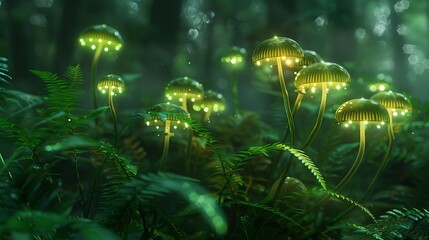 Fototapeta premium A macro, photorealistic, highresolution shot of bioluminescent Panellus stipticus mushrooms growing on a decaying log, the soft light revealing the textures of the log and fungi