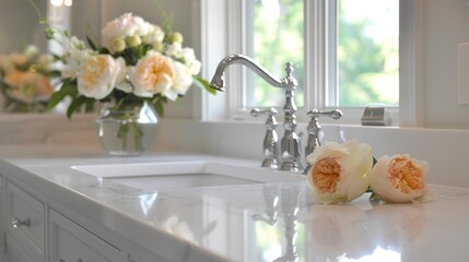 side of the white counter, showing the integration of the sink and faucet into the overall design. generative ai