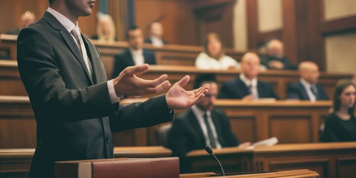 A lawyer is presenting a case in front of blurred figures in a courtroom setting; professionalism and law