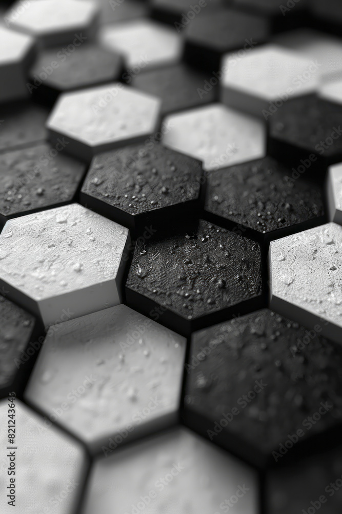 Poster an arrangement of black and white hexagons forming a honeycomb pattern, with occasional inversions o
