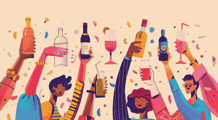 A group of people celebrating holding alcoholic drinks. Friends toasting with drinks
