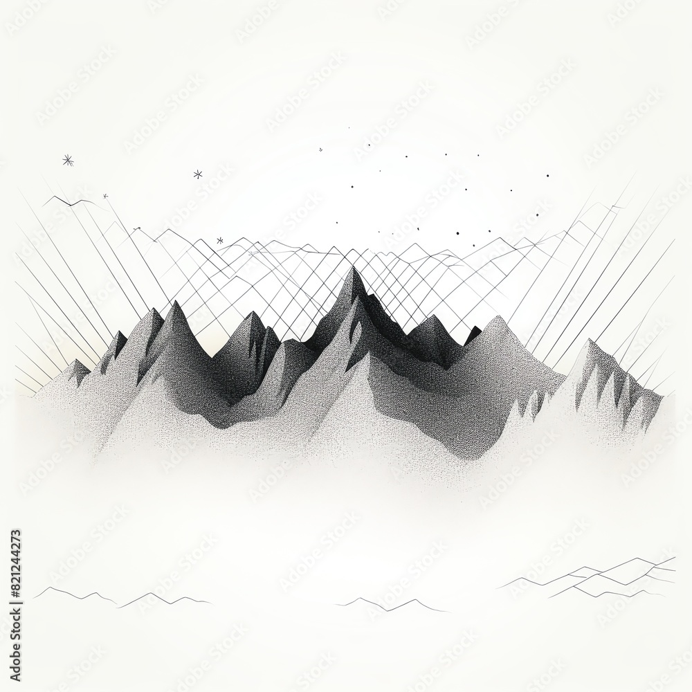 Poster minimalistic black and white mountain landscape with geometric lines and abstract shapes, creating a