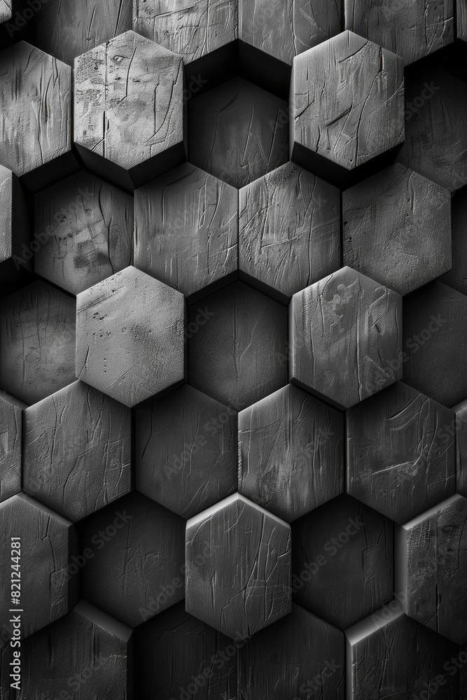 Poster an arrangement of black and white pentagons, interlocking to form a cohesive and balanced pattern,