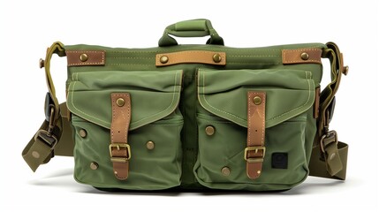 A forest green utility belt bag with multiple pockets, the earthy color and practical design offering a rugged and adventurous contrast to the white background.