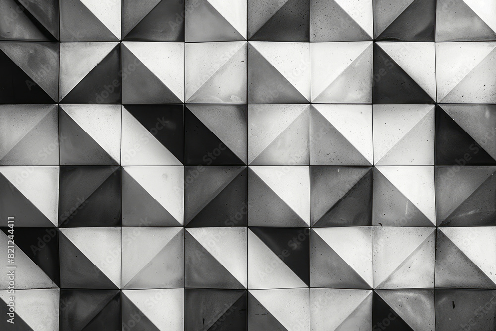 Poster a series of black and white rhombuses, arranged in a cascading pattern to create a sense of depth,