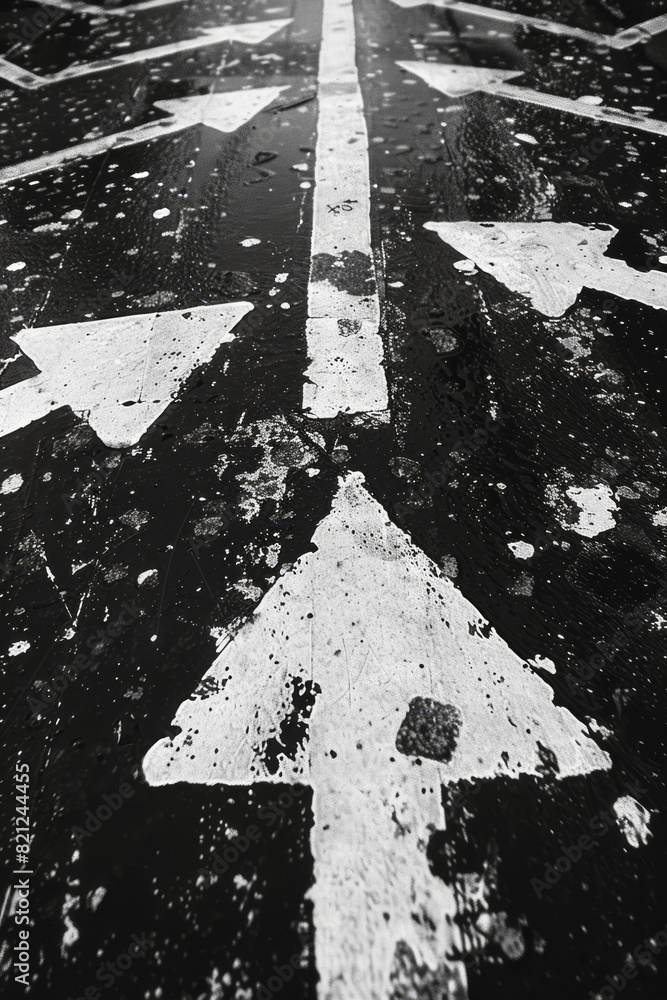 Poster a grid of black and white arrows, all pointing in different directions to create a sense of chaos an