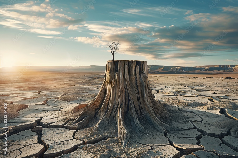 Poster stump from felled tree in drought concept. record summer heat. background of the consequences of env
