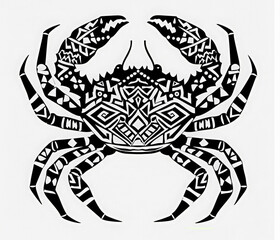 Black silhouette crab with graphic pattern. Marine-themed tattoo design. Print for clothes. stylized shape silhouette crab logo. Marine animals, the underwater world. World ocean day.