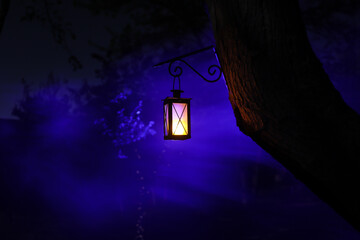 Beautiful colorful illuminated lamp in the garden in misty night. Retro style lantern at night outdoor.