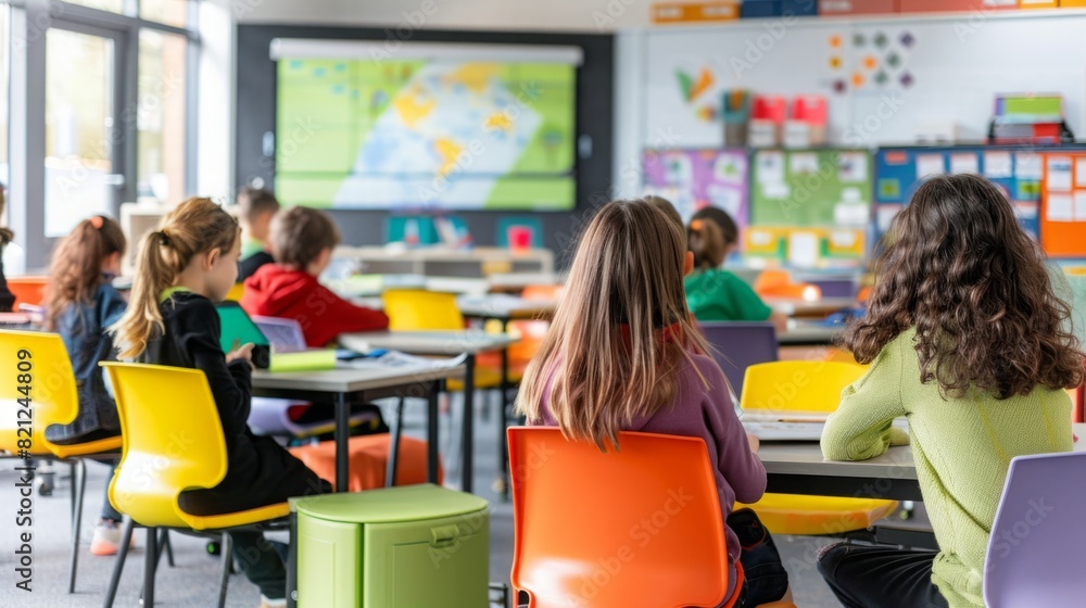 Poster Children are seated at individual desks in a classroom, engaged in learning activities.