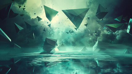 Render a surreal scene with floating geometric shapes and dramatic lighting.