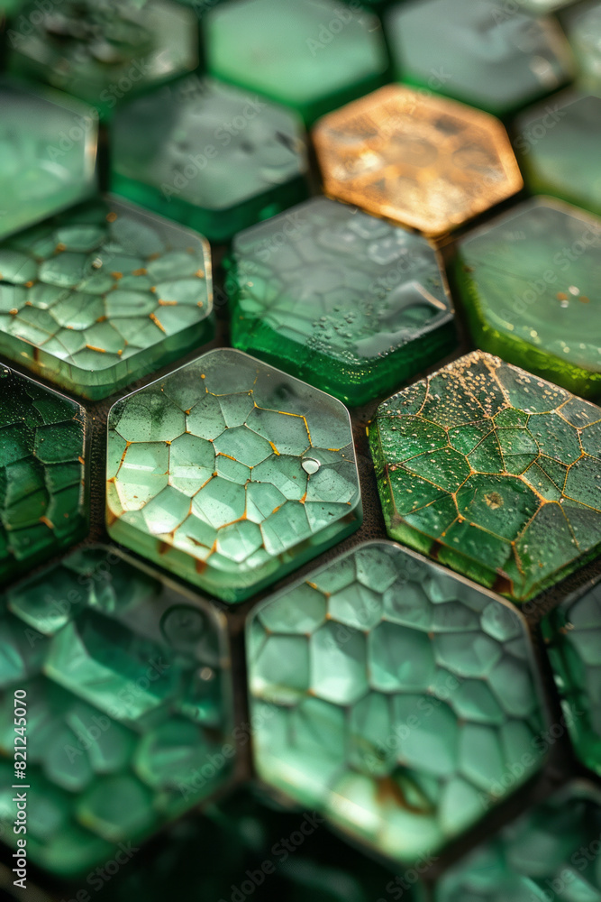 Poster hexagons tessellated together, each displaying a gradient from mint green to deep emerald, evoking a