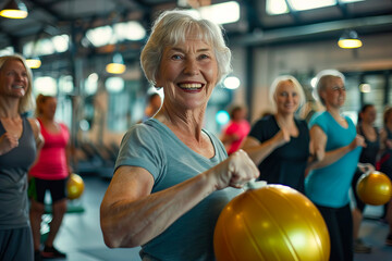 Active senior woman working out with a group at the gym. Fitness For Seniors Concept, Group Exercises, Active Aging