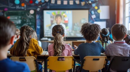 Group of children sitting in a classroom, attentively watching a video on a screen.