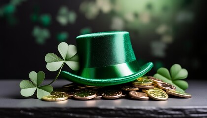 banner with shiny green hat gold coins and clover leaves st patrick s day concept generative ai illustration