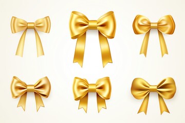 Set of six elegant golden bows suitable for decoration, gift wrapping, and festive occasions. High-quality, realistic design on a light background.