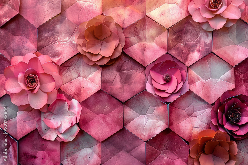 Aufkleber A grid of hexagons with a gradient from soft pink to dark rose, creating a gentle and romantic ambiance,