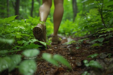 Obraz premium Close-up of legs walking through lush green forest trail on a summer day