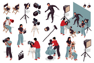 Cinematography 3d isometric mega set. Collection flat isometry elements of people making movie, actor at scene stage, camcorder operators, director, dresser and makeup artist. Vector illustration.