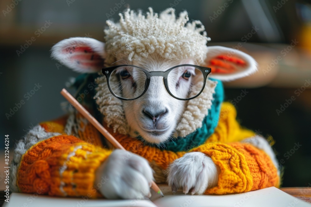 Wall mural A sheep wearing glasses and a sweater is sitting at a desk and writing