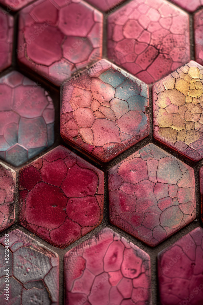 Aufkleber A series of interlocking hexagons with gradients from soft rose to deep maroon, adding a luxurious feel,