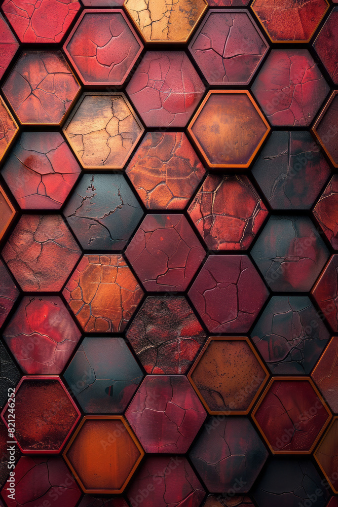 Poster a series of interlocking hexagons with gradients from soft rose to deep maroon, adding a luxurious f
