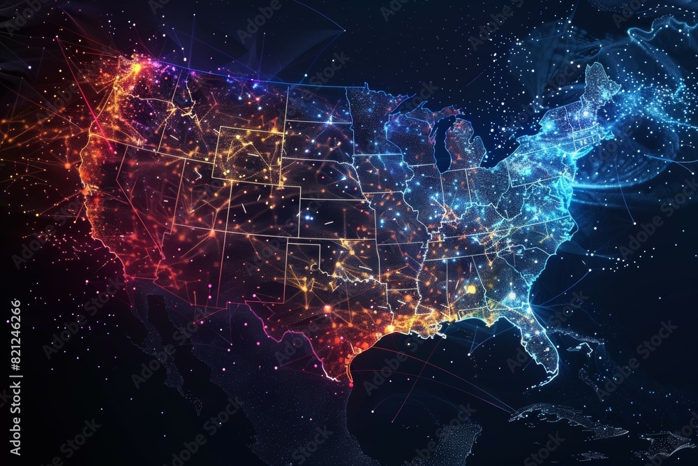 Poster a colorful map of the united states with a blue line running through it