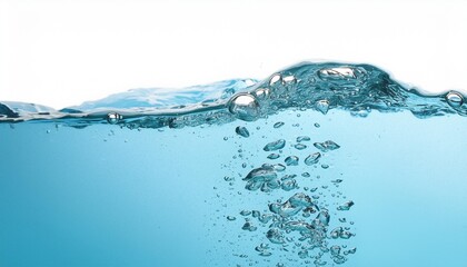 clean blue water surface with splash ripple and air bubbles underwater on white background