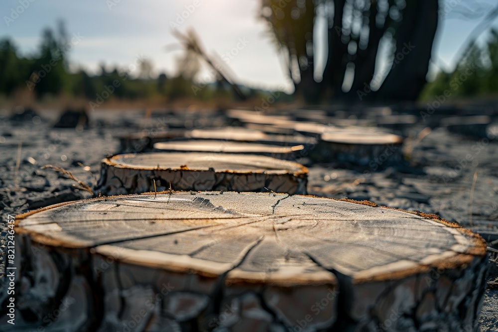 Poster stump from felled tree in drought concept. record summer heat. background of the consequences of env