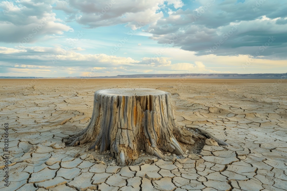 Poster stump from felled tree in drought concept. record summer heat. background of the consequences of env
