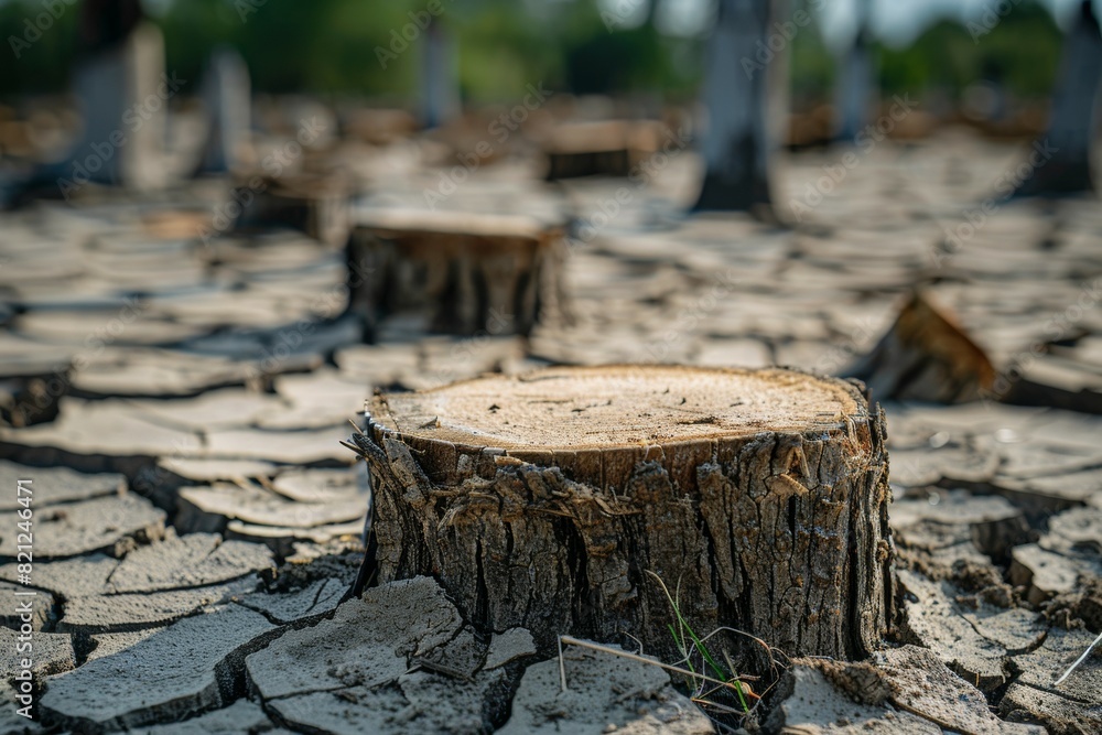Poster stump from felled tree in drought concept. record summer heat. background of the consequences of env