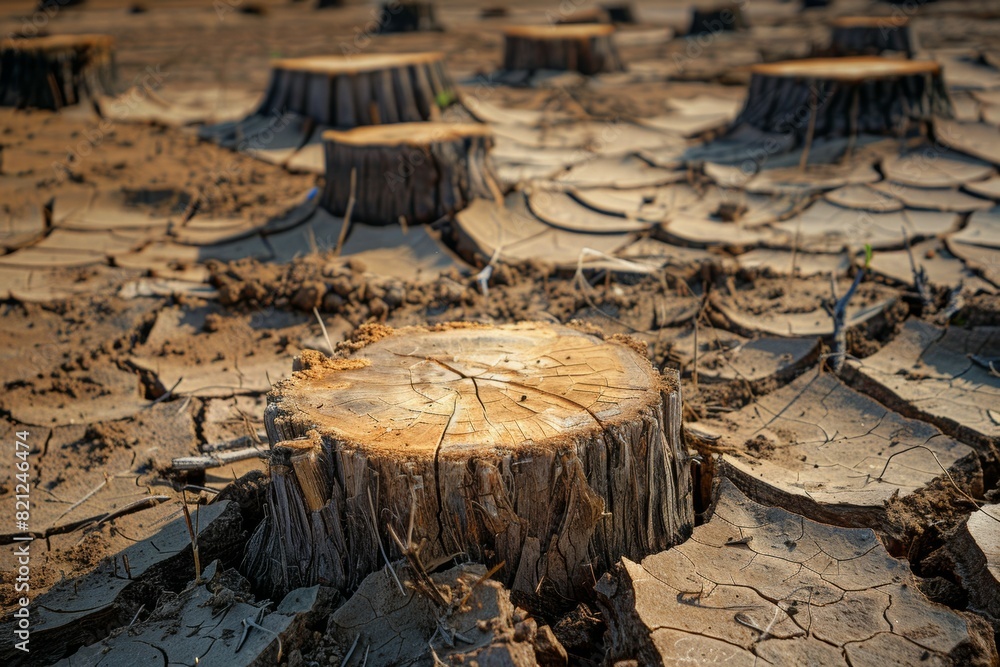 Poster stump from felled tree in drought concept. record summer heat. background of the consequences of env