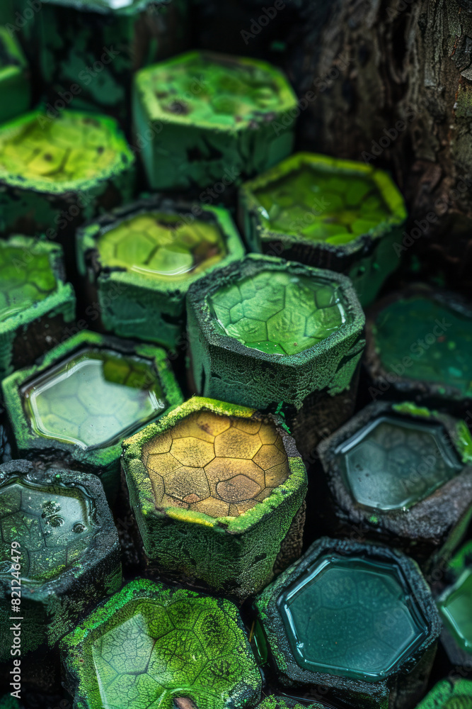 Leinwandbilder concentric hexagons with gradients from light lime to deep olive, creating a fresh and vibrant appea