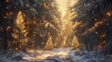 A magical forest scene with towering evergreen trees, a blanket of snow, and soft glowing lights,...