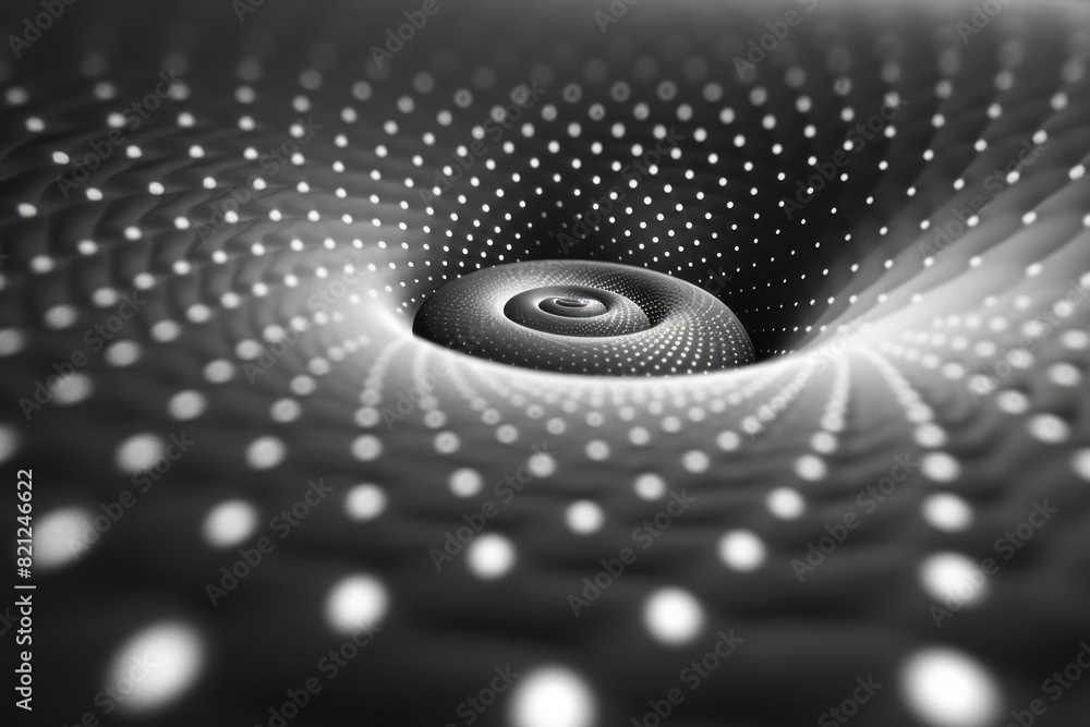 Poster a spiral made of dots gradually increasing in size, with lines connecting the dots to create a swirl