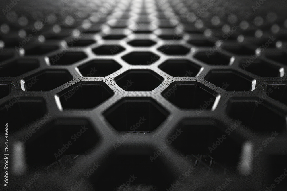 Poster concentric hexagons made of dots, with lines connecting each dot to the center, forming a honeycomb 