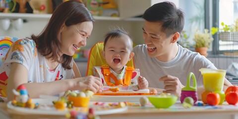A happy family with a baby in a high chair surrounded by colorful toys and food, having a joyful moment together