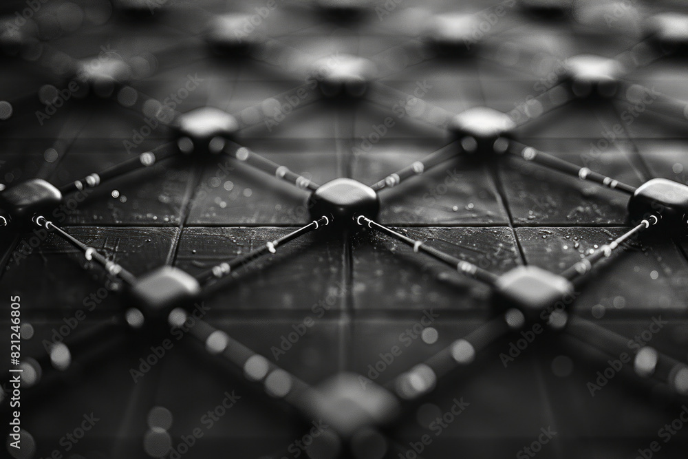 Poster interlocking squares made of dots, with lines connecting the corners, forming a quilt-like geometric