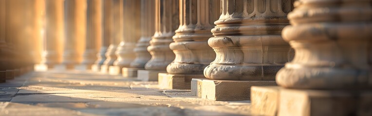 Fototapeta premium Sunset light casting shadows on classical architecture columns. Ideal for backgrounds and architectural designs. Calm, serene, and historical. AI