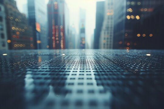 Horizontal and vertical lines forming a grid, with dots at varying intervals, creating an abstract cityscape,