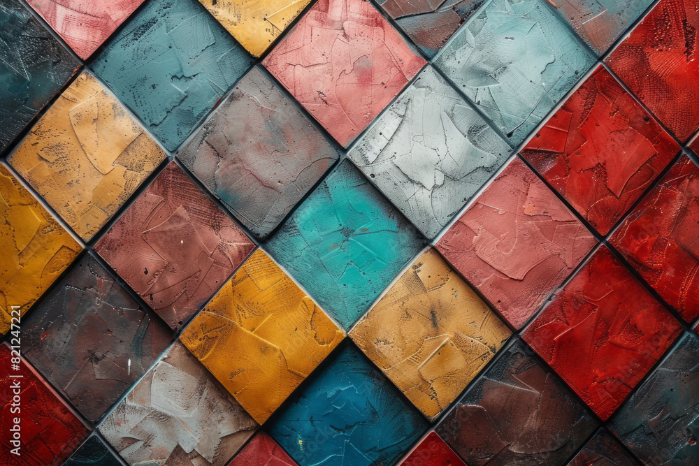 Aufkleber squares arranged in a diagonal grid pattern, each row in a different gradient, creating a dynamic an