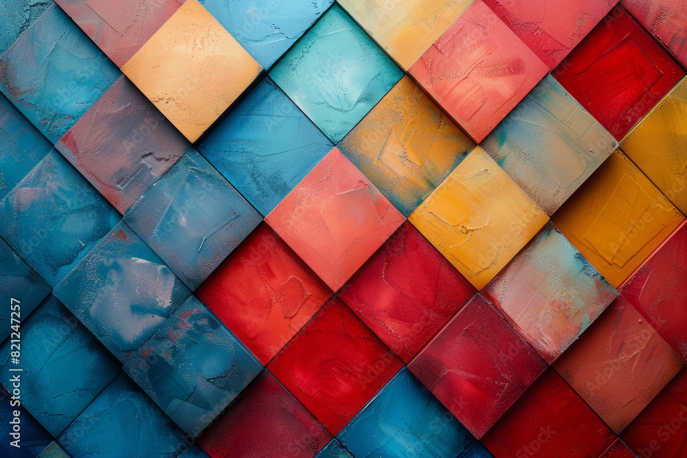 Aufkleber squares arranged in a diagonal grid pattern, each row in a different gradient, creating a dynamic an